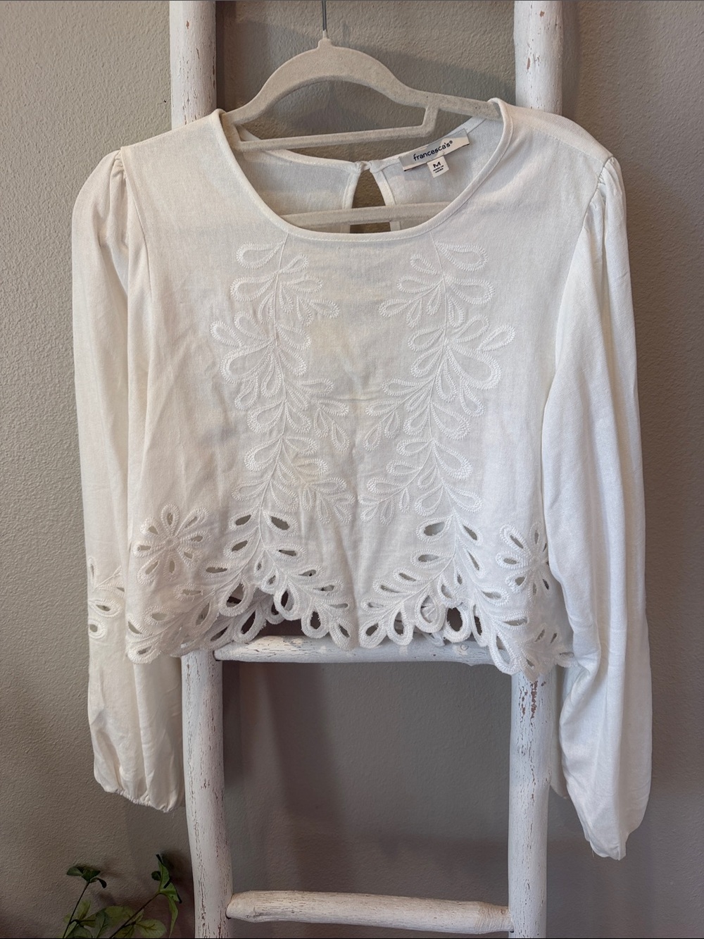 White Embroidered scalloped long Sleeve Top - NWOT
